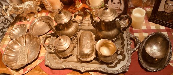 Silver plated coffee & tea server, other peices added total 11