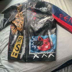 Graffiti Printed Leather Jacket, Size M
