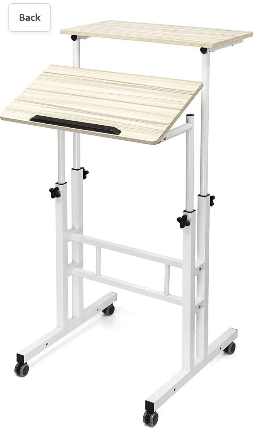 SIDUCAL Mobile Stand Up Desk, Adjustable Laptop Desk with Wheels Home Office Workstation, Rolling Table Laptop Cart for Standing or Sitting, Beige