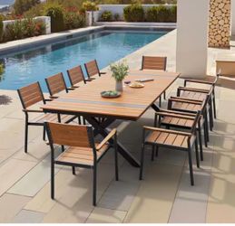 10pcs chair +118.1 in. Aluminum Brown Rectangular Outdoor Patio Dining Table with Umbrella Hole