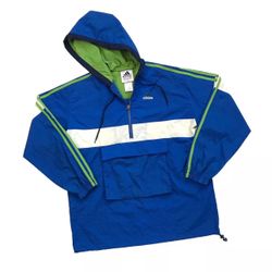 VINTAGE ADIDAS WINDBREAKER JACKET MEDIUM M MENS BLUE HOODIE PULLOVER 3 STRIPES