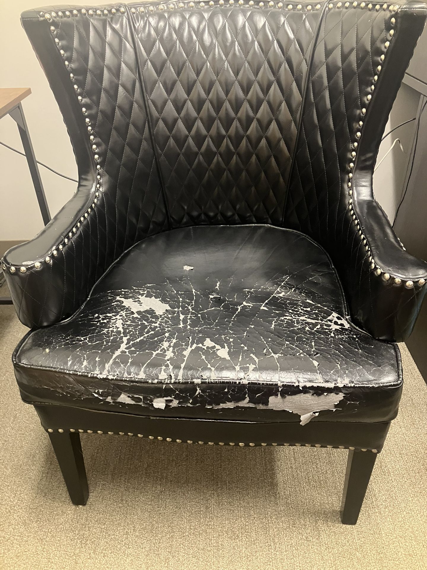 Faux-Leather Black Wingback Chair W/Silver Studs (damaged Fabric)