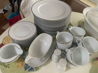 36 pcs Beautiful White silver trimmed China; plates are same mfg, other pieces misc mfg just match plates