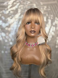 24"  blonde mixed  caramel  blonde brown  balyage with bangs  synthetic hair wig new