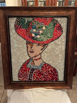 Handmade Framed Mosaic Art Woman with Hat