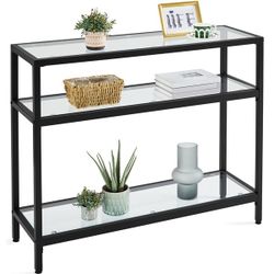 3-layer Console Table, Tempered Glass Porch Table, Sturdy Metal Frame Entryway Table, Modern Sofa Table with Storage Shelf for Kitchen, Living Room, B