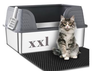 New XXL Stainless Steel Litter Box with High Sided Deep Side Entry Deep Extra Large Metal Litter Box Included Mat & Scoop Anti-Urine Leakage Cat Litte