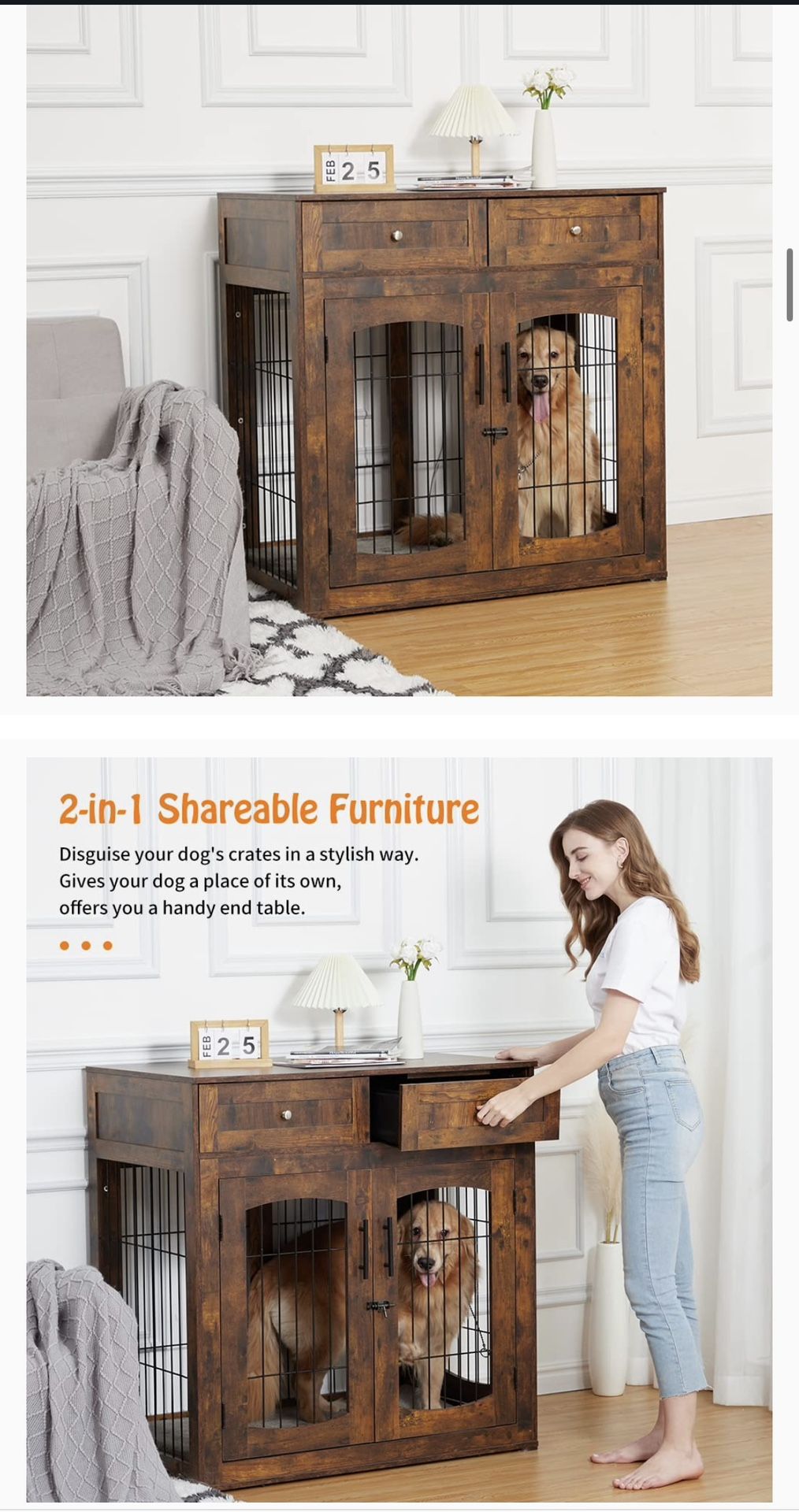 Dog Crate Furniture with Cushion,Wooden Dog Crate Table with 2 Drawers,3-Doors Dog Furniture,Indoor
