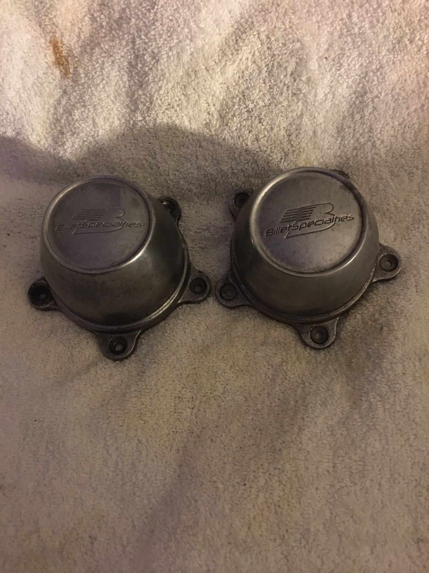 2-BILLET SPECIALTIES CENTER CAPS USED IN GOOD CONDITION FOR BILLET RIMS $20.00