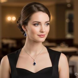 Silver Diamond Blue Sapphire Necklace & Matching Earrings Set