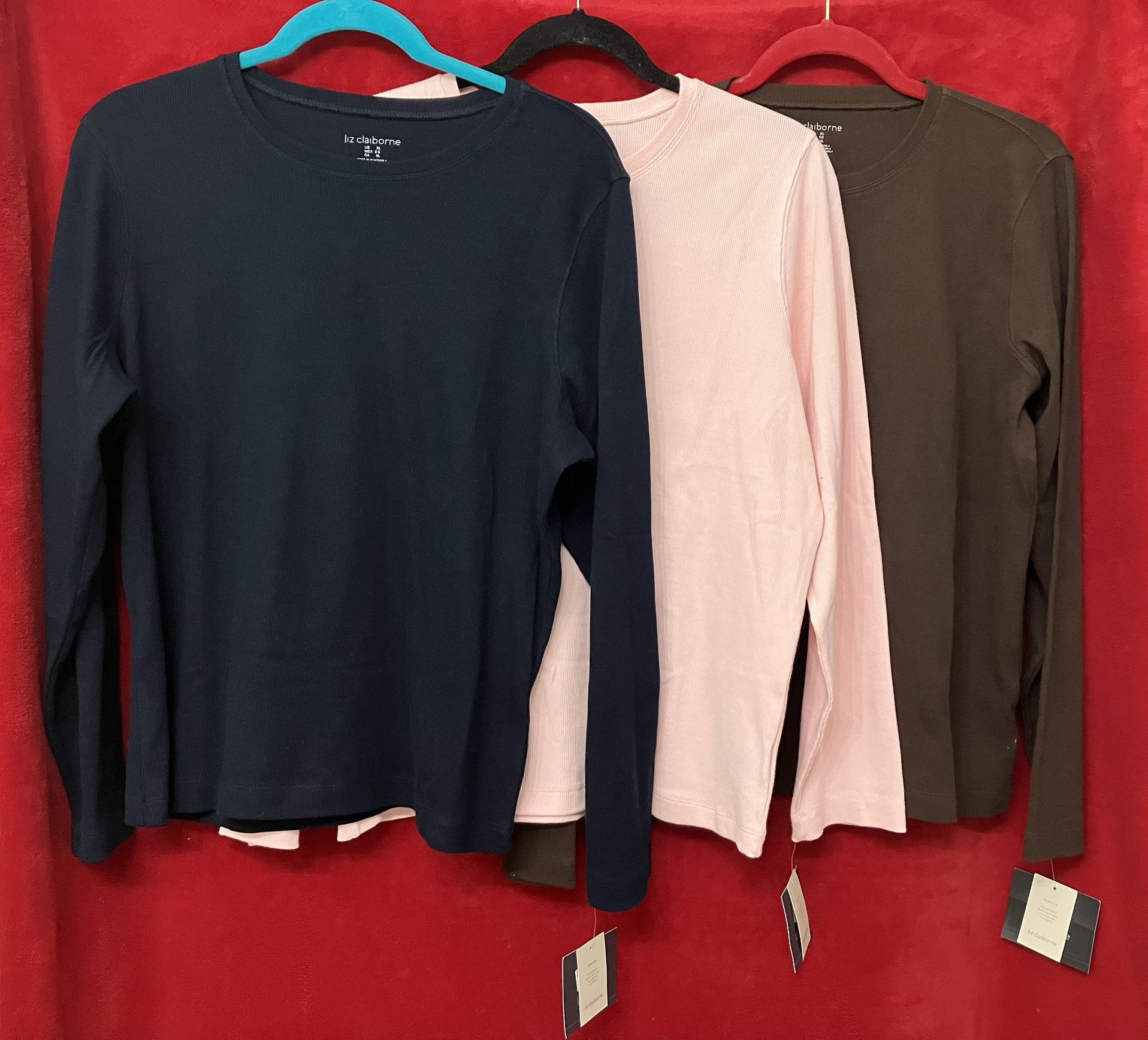 Lot LIZ CLAIBORNE WOMENS TOP SHIRT XL LONG SLEEVE SOLID BROWN PINK BLUE STRETCH ‼️ See HUGE COllection Here ‼️ Price Is FIRM ‼️