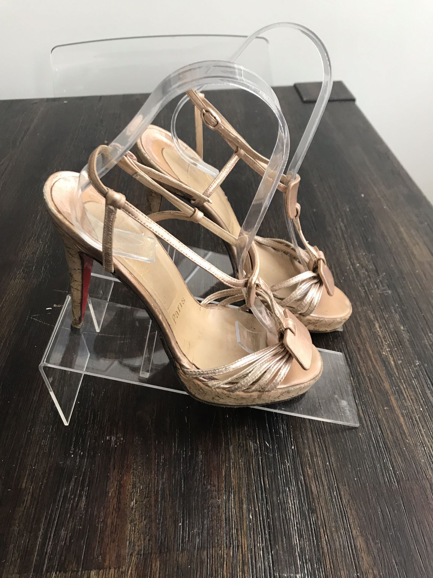 Christian Louboutin 130 Ankle Strap Cut Out Platform Sandal Cork Heel Pump 37.5. Condition is Pre-owned. See pictures ask questions and make an offer!