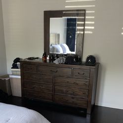 Solid Wood Dresser Set w/ Mirror + Matching Nightstand (Dark Finish)