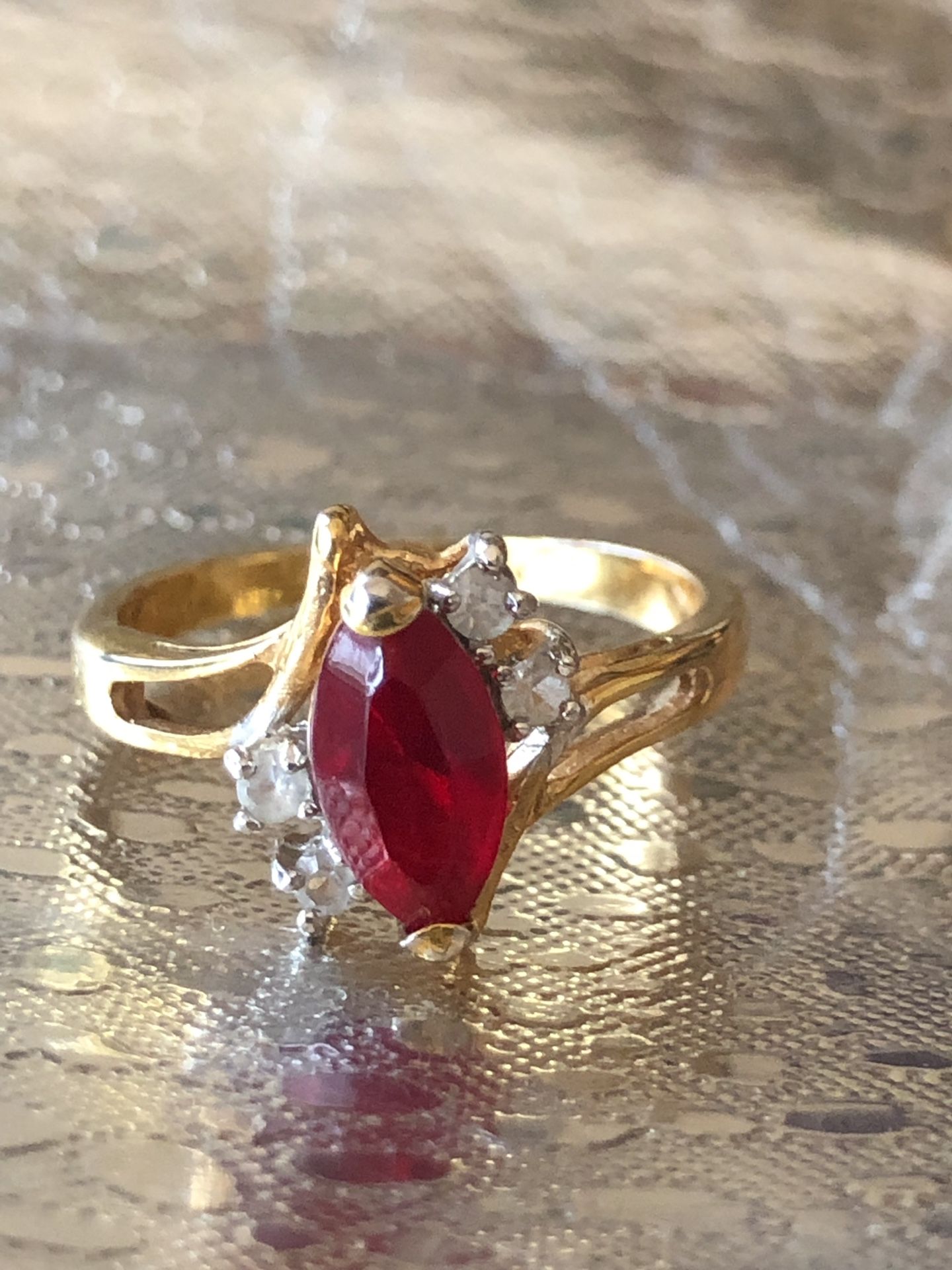14K Yellow Gold Electroplated Red Stone & CZ Ring 6