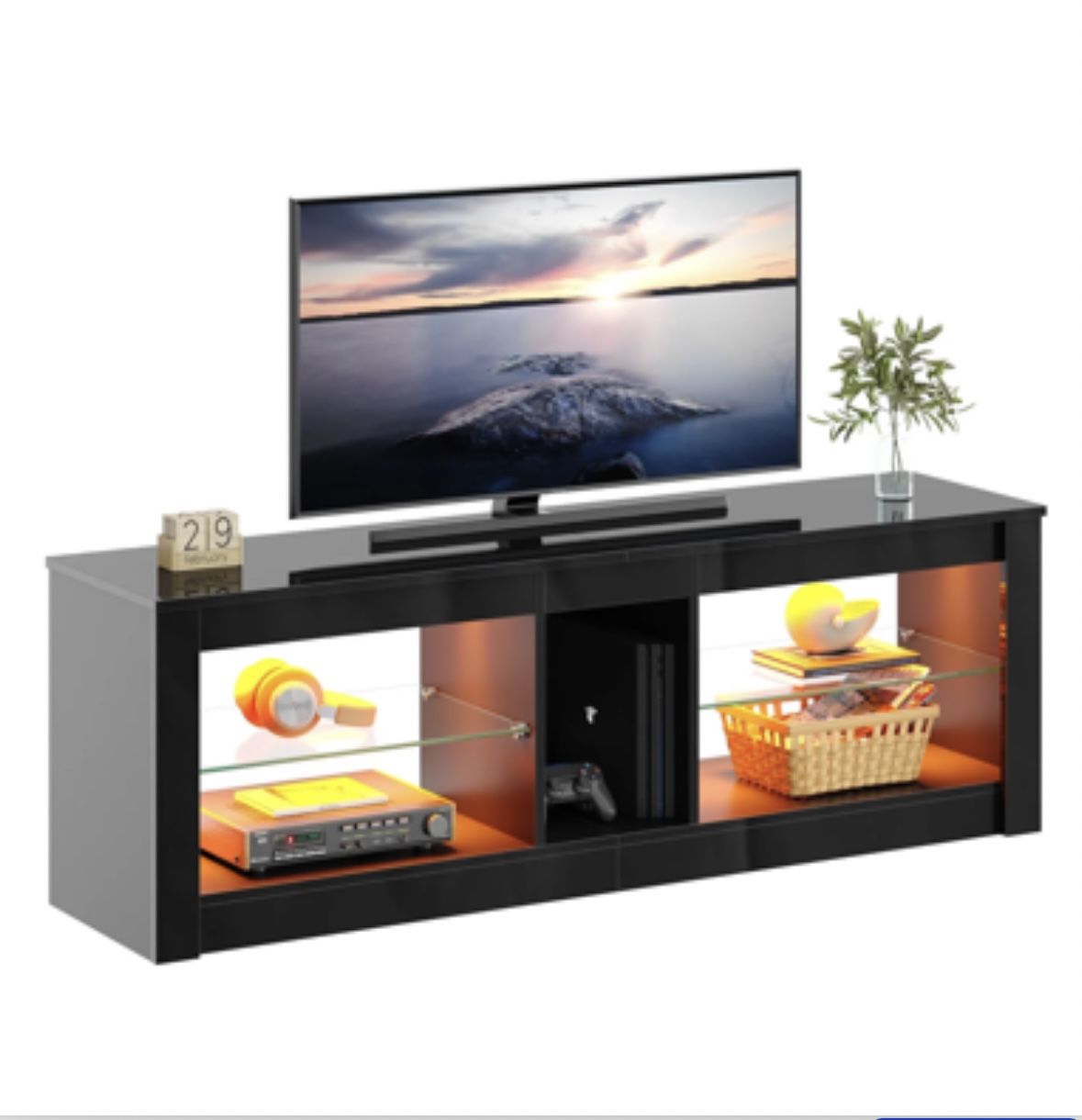 Bestier TV Stand for TVs up to 60" Entertainment Center with LED Lights Storage Shelves Modern High Gloss Console Table, Black