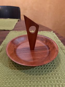 Kustom Kraft Black Walnut Wood MCM Nut/Snack Serving Bowl Dish 7” With Handle