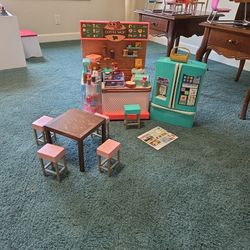 Our Generations Coffee Shop Refrigerator Table With Four Stools And A Stool For The Counter Of The Coffee Shop And Accessories See Description