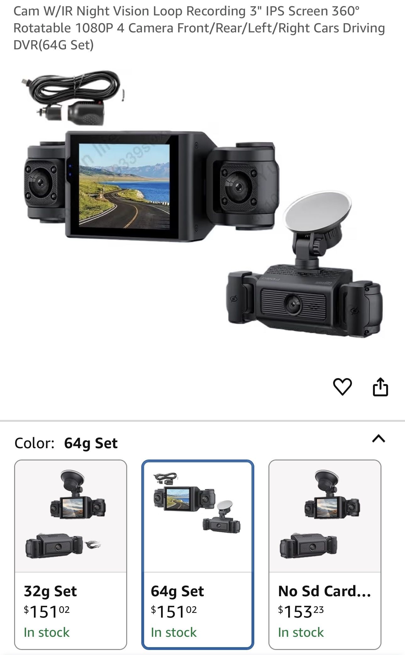 Cam W/IR Night Vision Loop Recording 3" IPS Screen 360° Rotatable 1080P 4 Camera Front/Rear/Left/Right Cars Driving DVR(64G Set)