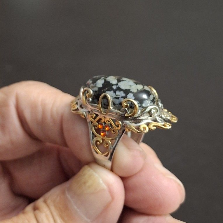 Ornate Large Oval Snowflake Obsidian Ring With Filigree Setting & Intricate Metalwork Size 6.5