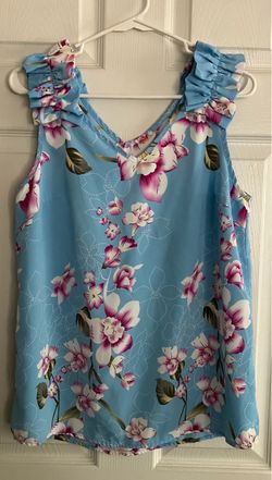 Blue Floral Sleeveless Top with Ruffle Shoulders Size M