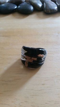Black glass ring with copper and silver spots