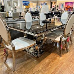 Antoine 5 Pcs Rectangular Chrome Dining Room Set Table and 4 Chairs 