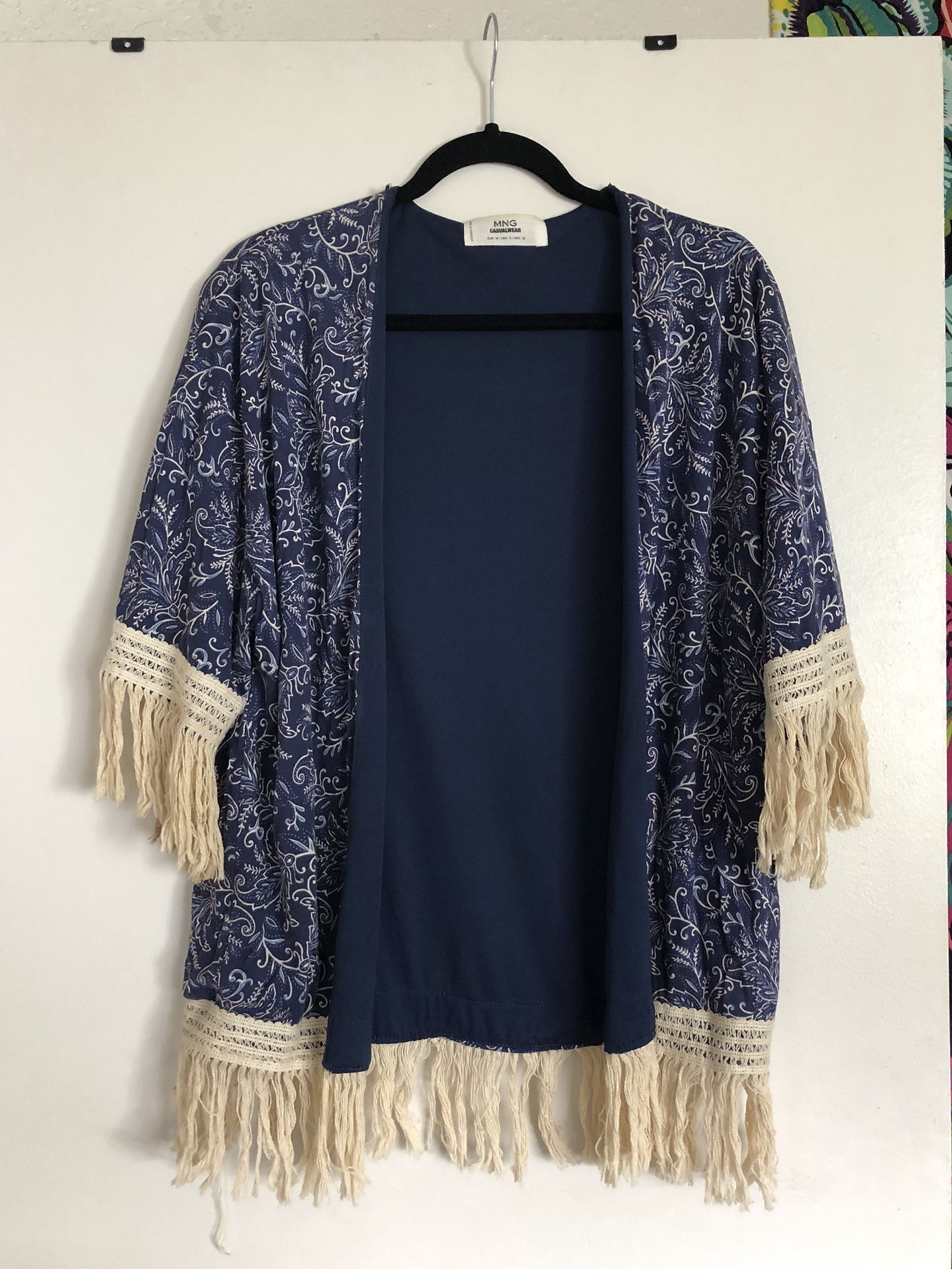 Blue Floral Fringe Women’s Cardigan Medium