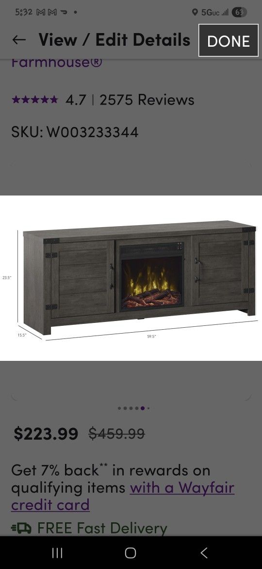 Guadalupe TV stand with fireplace and modern farmhouse look.