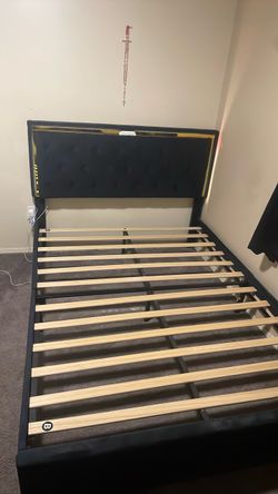 Full Size Dark Upholstered Bed Frame with LED Headboard
