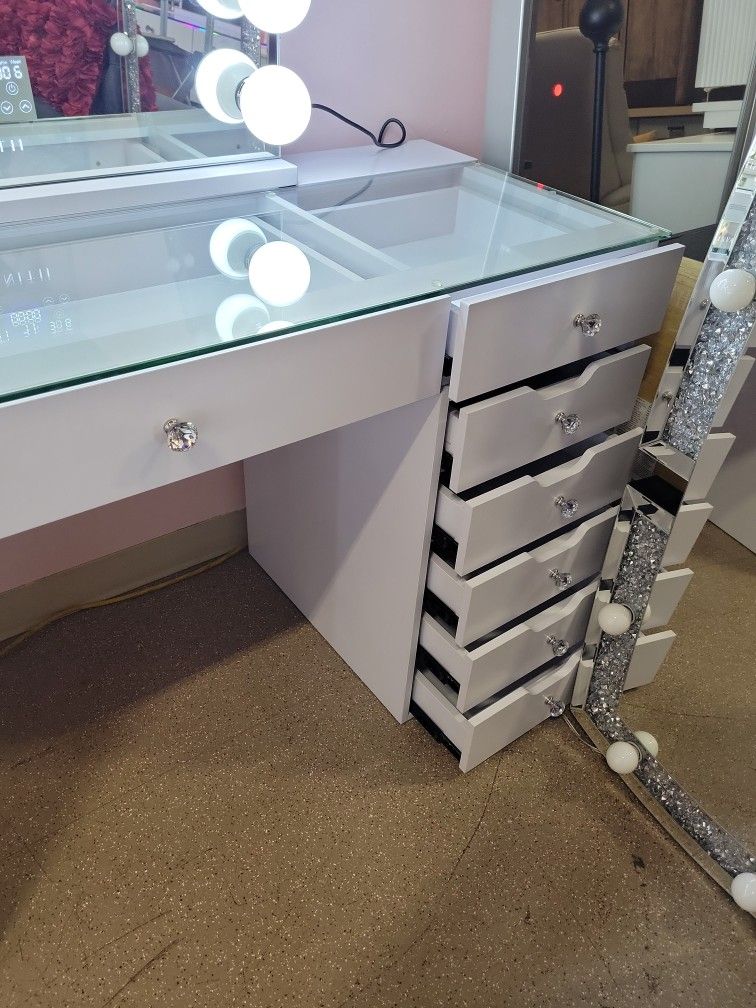 White Vanity Table + Mirror With Bluetooth Speakers