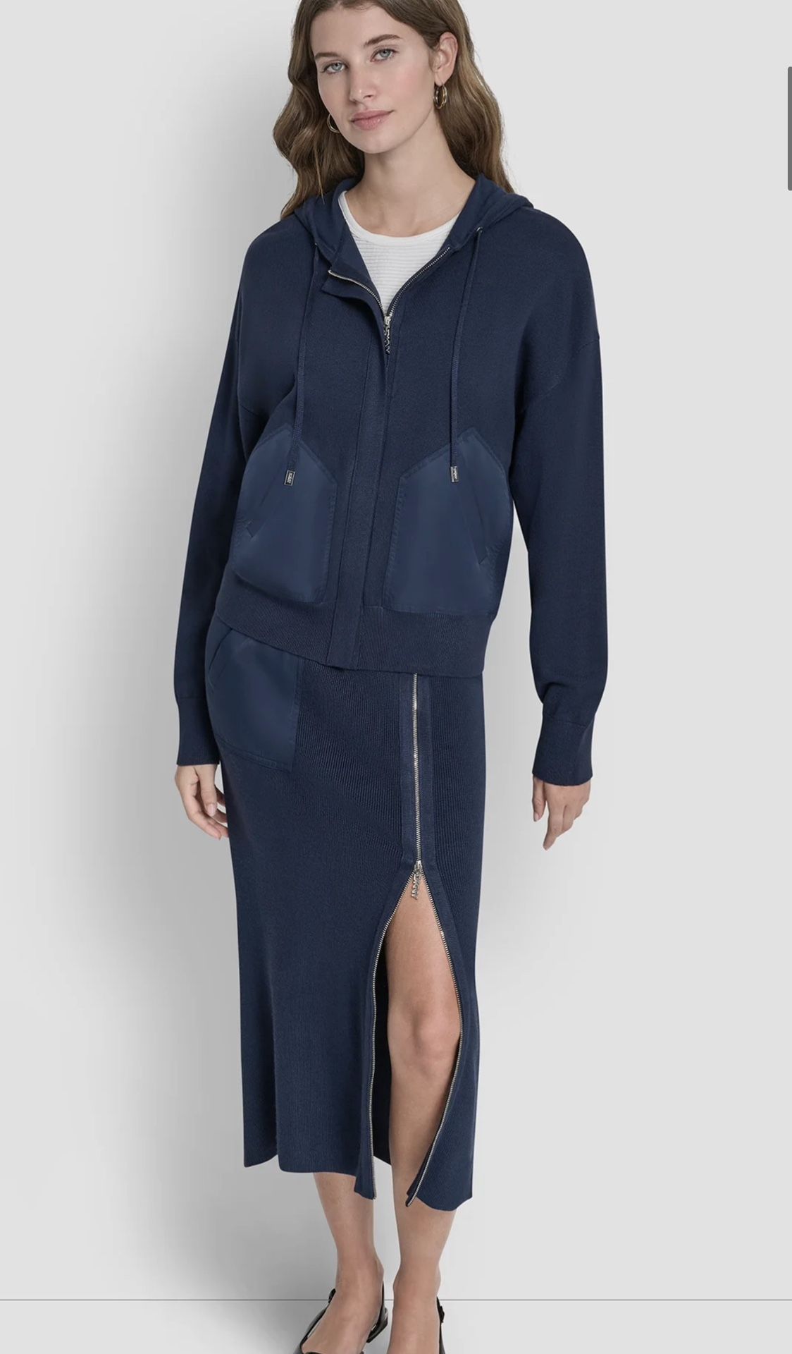 DROP SHOULDER ZIP UP HOODIE AND ZIP DETAILED MIDI SWEATER SKIRT ENSEMBLE