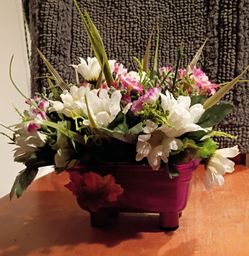 Faux Floral Arrangement in Magenta Footed Planter