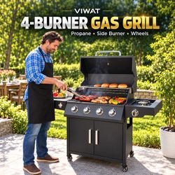 VIWAT 4-Burner Propane Gas Grill with Side Burner – Freestanding Outdoor BBQ Grill with Wheels