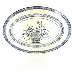 Vintage Blue & White Rice Grain Oval Serving Platter 