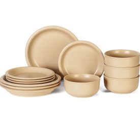 12 PCS Stoneware Plates and Bowls Set (Warm Sand), Ceramic Dinnerware Set for 4 - Retail $75