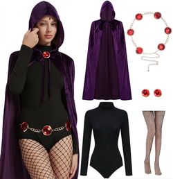 Raven Cosplay Costume Set - Adult Women Purple Hooded Cloak & Leotard Halloween