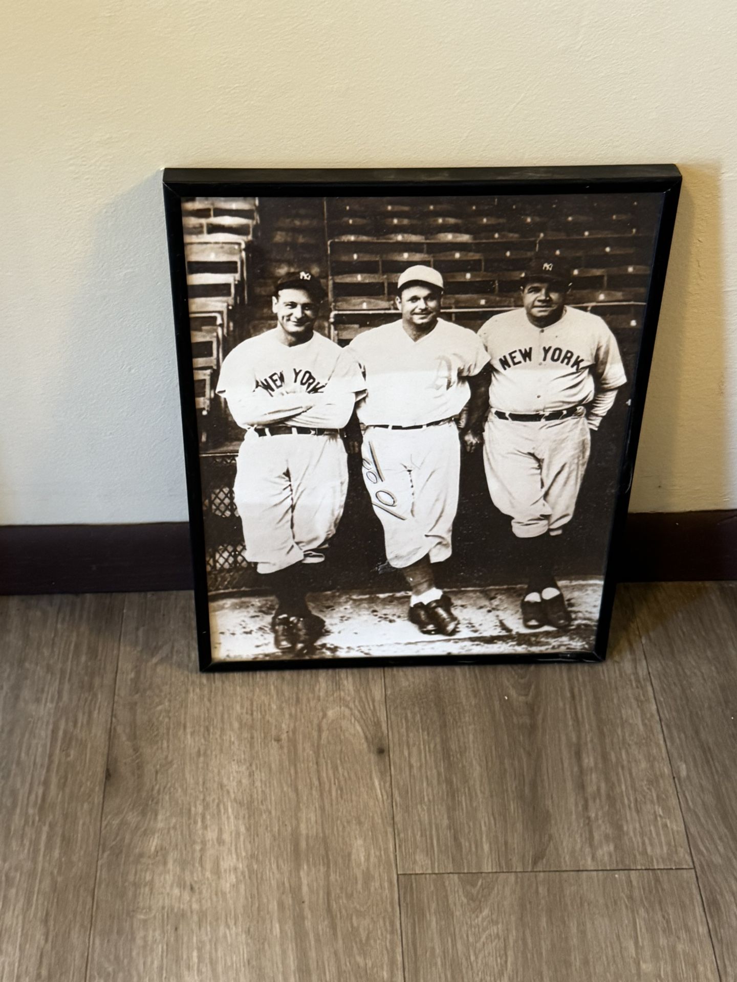Framed Photo of Lou Gehrig, Babe Ruth, and Miller Huggins