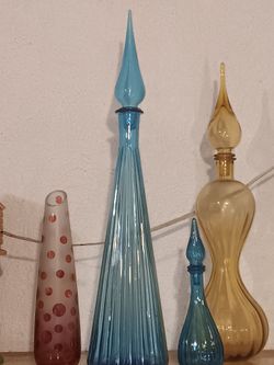 Vintage MCM 27.5” Italian Blue Glass Genie Bottle Decanter w/ Sticker