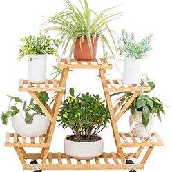 Bamboo Rolling 6 Tier Plant Stand Rack Multiple Flower Pot Holder Shelf Indoor Outdoor Planter Display shelving unit for Patio Garden(BPS-4T-ROLLERS)