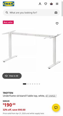 IKEA TROTTEN Sit/Stand Desk Frame (Manual Crank) - White