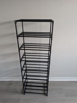 10 Tier Metal Shoes Rack, Bug Hull Narrow Stackable Shoes Shelf with Hooks, Shoe Tower for 20-24 Pairs Shoe and Boots Organizer, Black