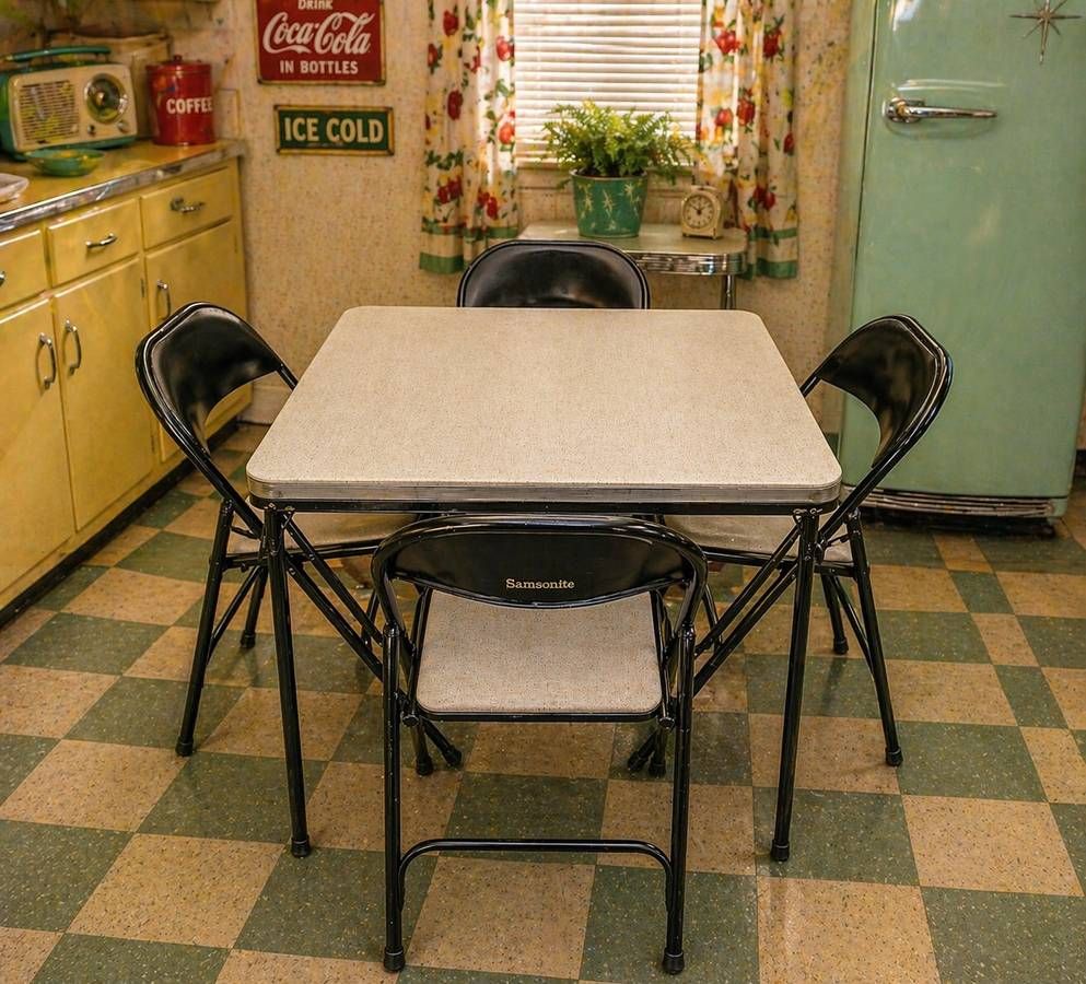 Vintage 50's Samsonite Folding Table and Chairs Black Metal Industrial