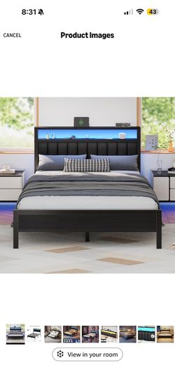 Furnulem Queen Size Bed Frame with Charging Station and LED Lights, Platform Bed with Metal Slats, Grey Upholstered Headboard with 2-Tier Storage Shel