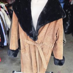 Oversized Suede Leather Jacket With Fur Hood 