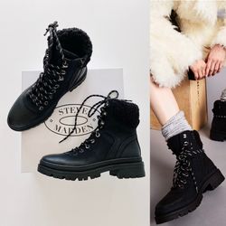 ✨New STEVE MADDEN Keystone Faux Fur Trim Lace Up Boots Black Womens Shoes Size 9M