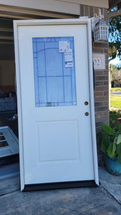 Legacy 36 in. x 80 in. Left Hand Inswing 1/2 Lite Decorative Knox Glass White Primed Fiberglass Prehung Front Door