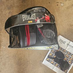 Set of Everlast youth boxing gloves, training punch mitts, & hand wraps