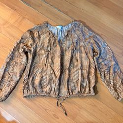Time and Tru Brown Beige Geometric Abstract Drawstring Hem Blouse Top L 12-14