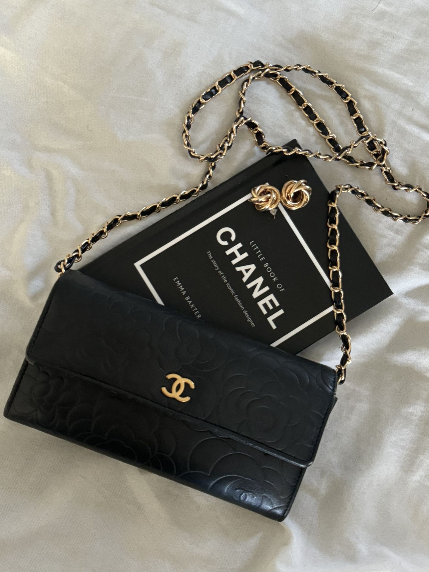 Authentic Chanel Lambskin Camellia Embossed Large Flap Wallet On Chain Crossbody Bag