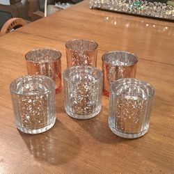 "NEW " Bundle Of 6 Votive Candle Holders, 3 Rose Gold & 3 Silver W/Spotted Pattern, Glass